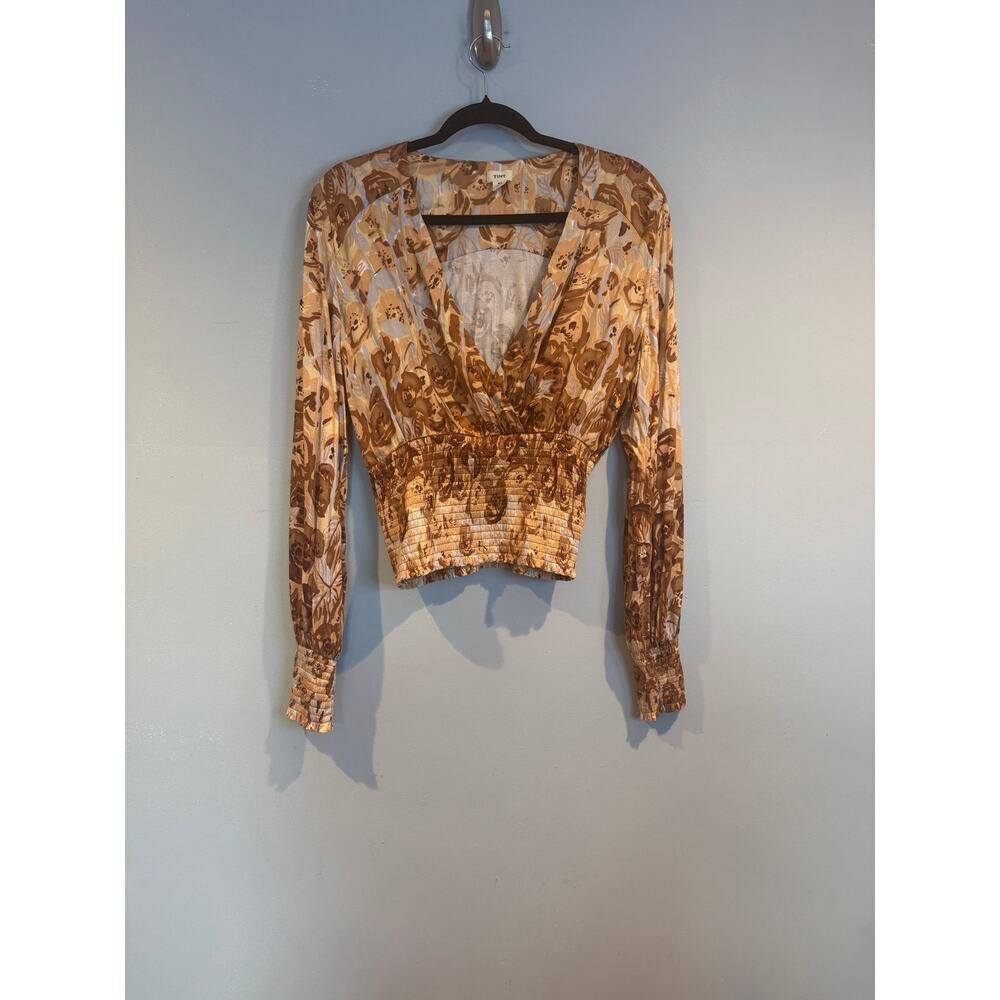 Tiny Anthropologie Floral Smocked Crop Blouse Brown Boho Long Sleeve M